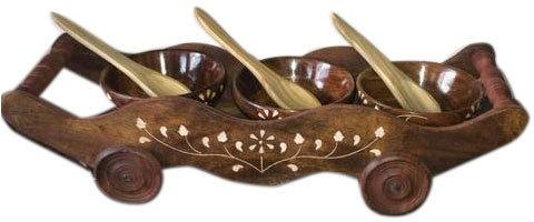 Wooden Bowl And Trolley Serving Set