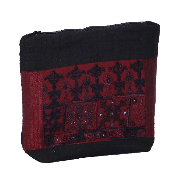 Maroon and Black Embroidered Silk Zipper Pouch