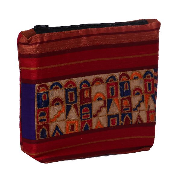 Red Embroidered Silk Zipper Pouch