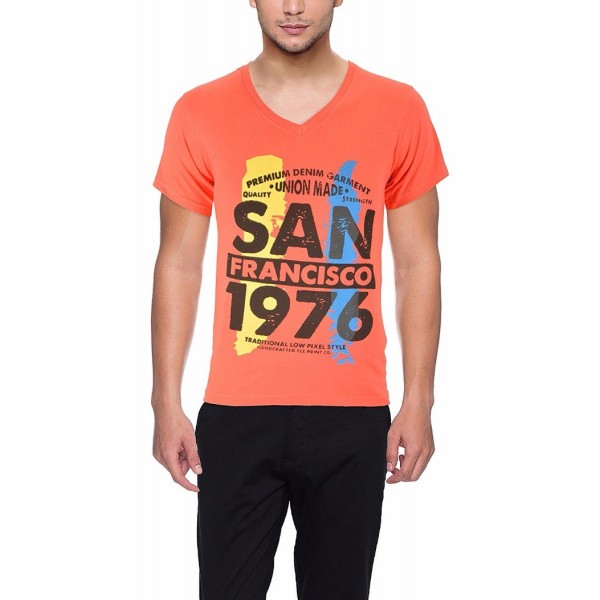Mens Printed Orange V Neck T-Shirt