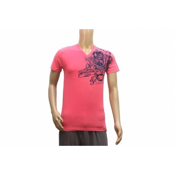 Mens Printed Pink V Neck T-Shirt