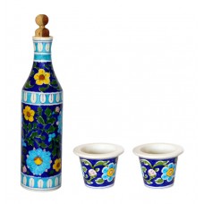 Blue pottery Wine / claret Bottle with two glasses