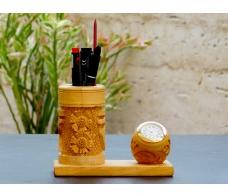 Home Essentials Multi-Functional Wooden Pen Stand with Clock
