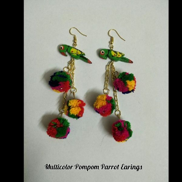 Metal Pom Pom Parrot Earrings, Occasion : Party, Anniversary, Wedding etc.