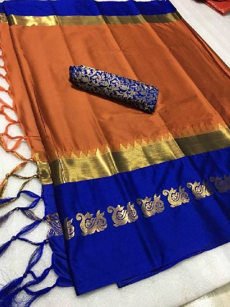 orange blue silk saree