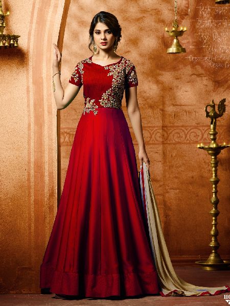 Bollywood Red Designer Silk Anarkali Salwar Suit With Dupatta
