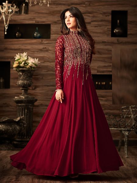 Georgette maroon Anarkali Suit In Wine Colour