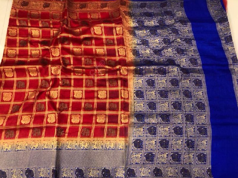 Banarasi Jute Sarees With Checks Buta Design And contrast blouse