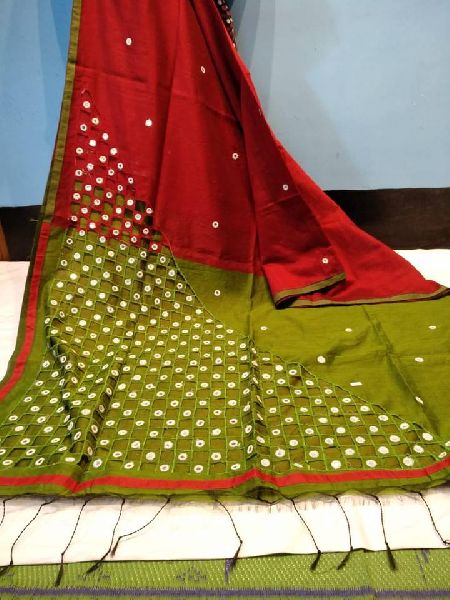 cut work cotton silk sarees with contrast blouse piece