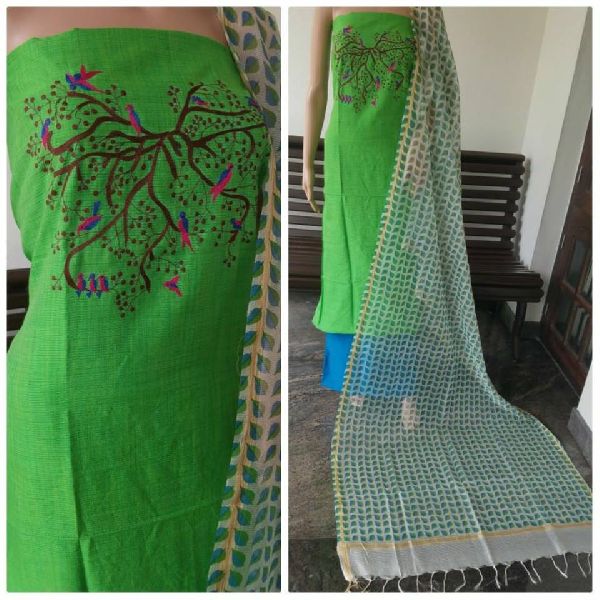 Embroidered silk cotton suits with printed dupatta