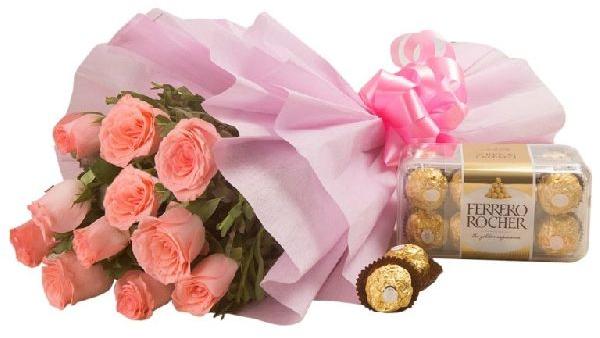 Pink Roses AND Ferrero Rocher Chocolate