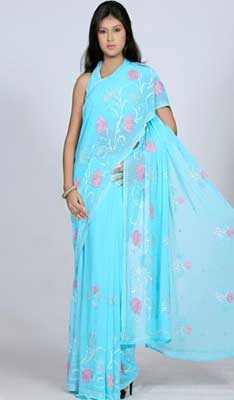 Blue Faux Georgette Saree with Rose Work