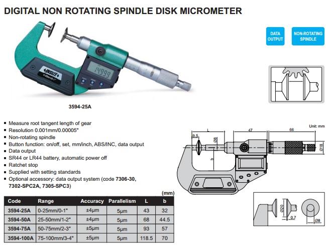 Insize Digital Non Rotating Spindle Disk Micrometer
