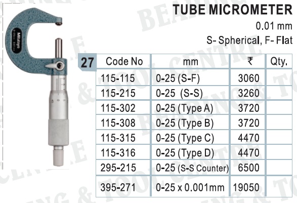 Mitutoyo Spherical Anvil Tube Micrometer
