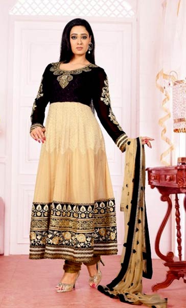 Cream Black Party Wear Attractive Long Anarkali Suit