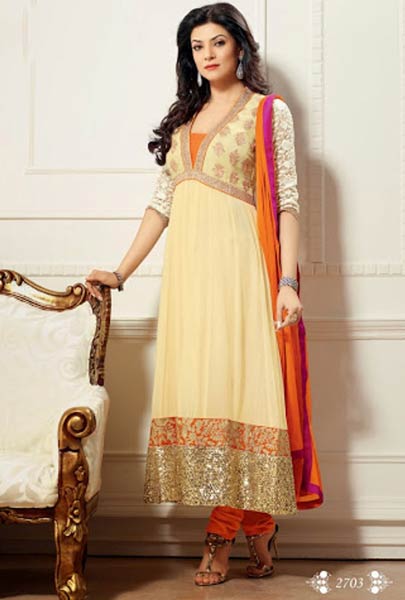 Cream Designer Churidar Kameez,  Orange Designer Churidar Kameez