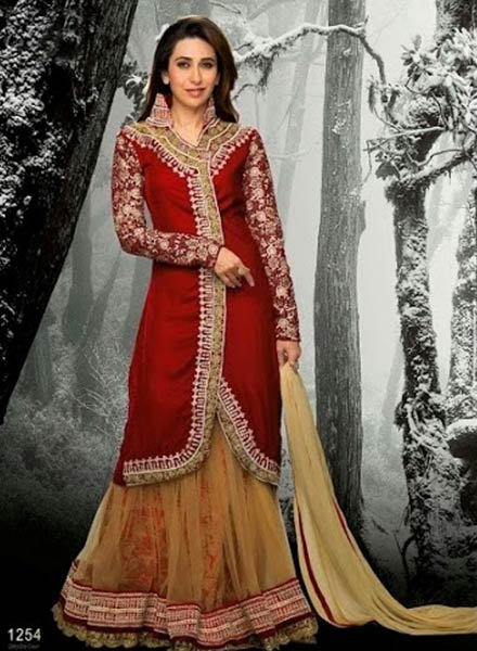 Red Amber Designer Ethnic Look Kameez with Lehenga