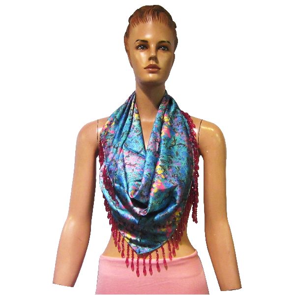 100% Poly Satin Triangular Scarves with heavy beaded fringes