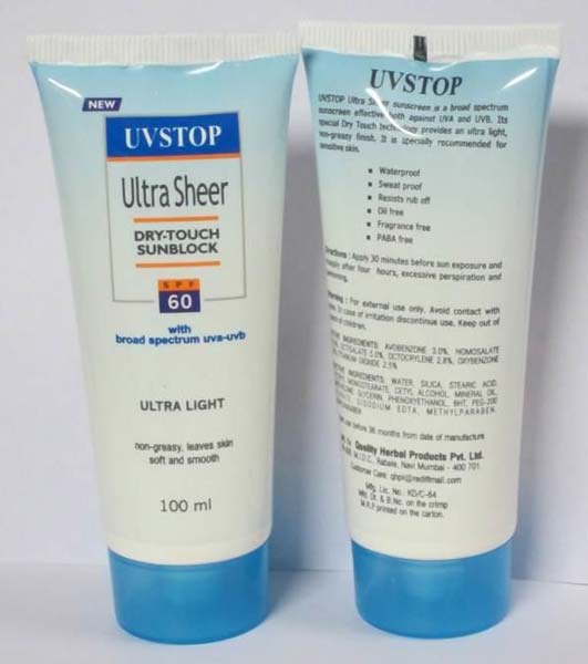 UVSTOP Sunblock Cream, for Parlour, Personal, Packaging Type : Plastic Tube