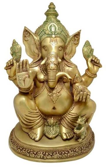 Brass Sitting Ganesha Statue, Dimension : 16 Inches