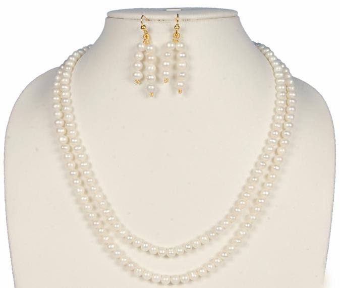 White Color Round Freshwater 2 String Necklace Earring Set