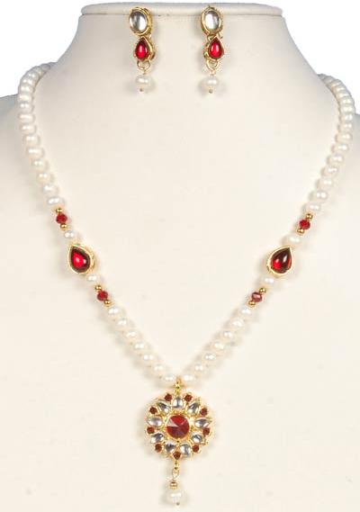 Freshwater Pearl Round White Red Color Kundan Necklace Earring Set