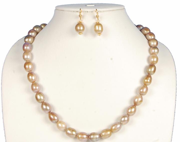 Golden Color Oval Freshwater Pearl Necklace Earring Set