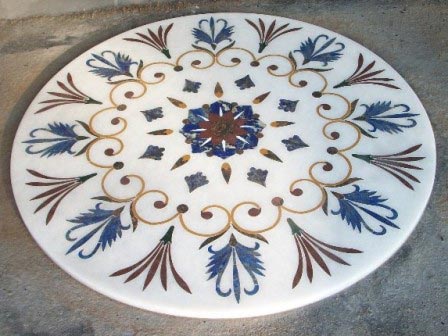 White Marble Inlays Round Table Tops