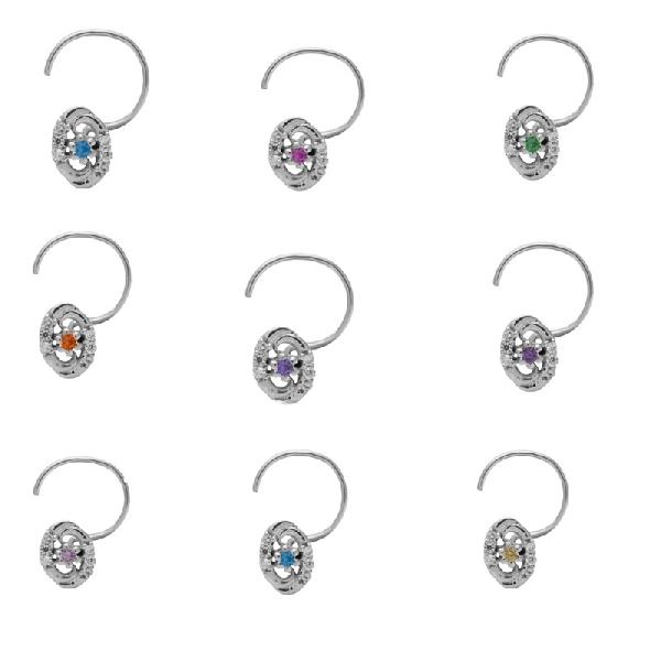 925 Sterling Silver Multi CZ Gemstone Pack Of 9 Nose Pin