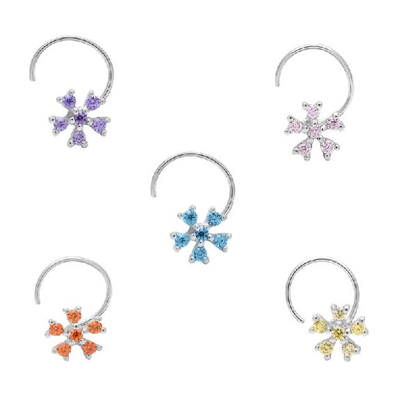 Beautiful Multi CZ Gemstone 925 Solid Silver Pack Of 5 Nose Pin
