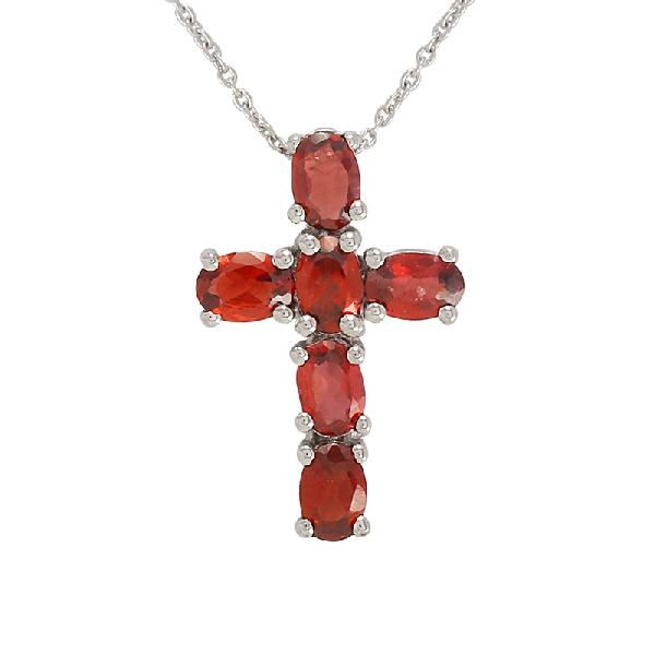 Garnet Oval  Cross 925 Sterling Silver Necklace