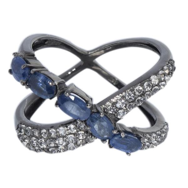 Real Sapphire With CZ 925 Sterling Silvre Cross Ring