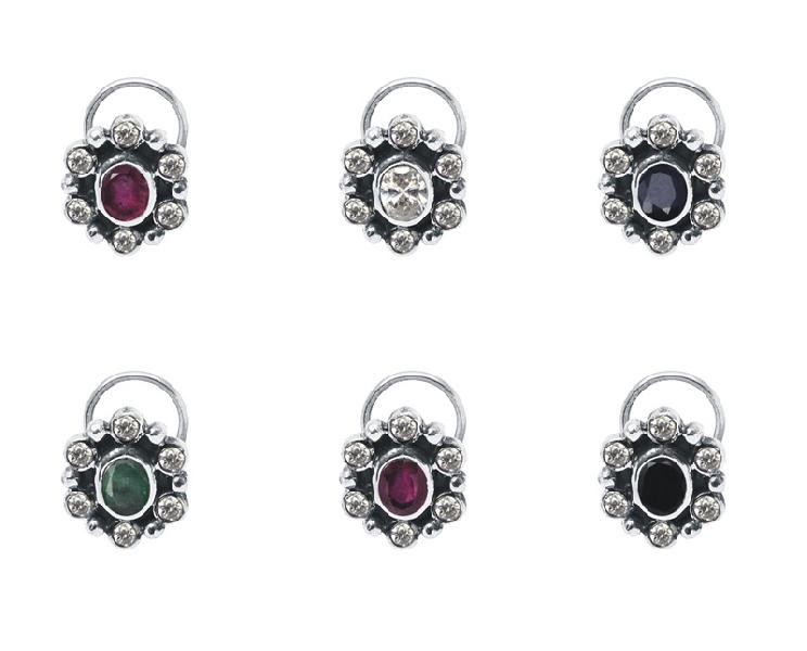 Stylish Multi CZ Gemstone 925 Sterling Silver Pack Of 6 Nose Pin