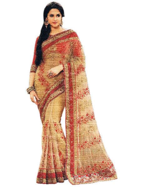 Bollywood Net Gold Saree With Unstitched Silk Red Blouse