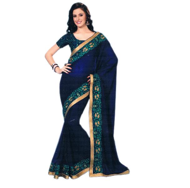 Chiffon Navy Blue Saree With Silk Navy Blue Unstitched Blouse