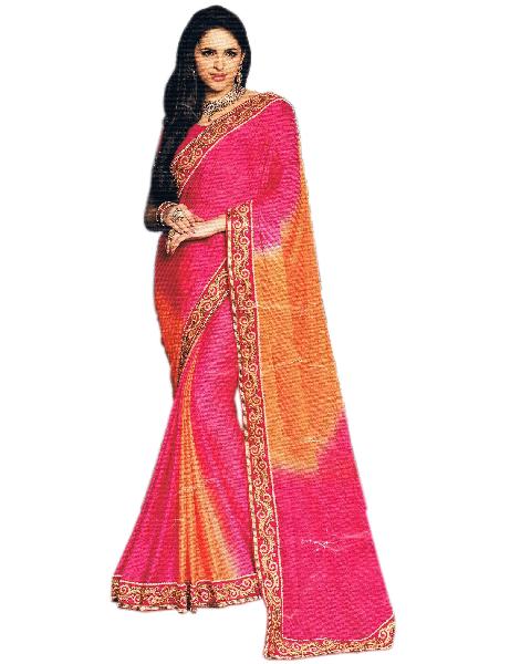 Chiffon Shaded Pink Peach Saree With Unstitched Silk Pink Blouse