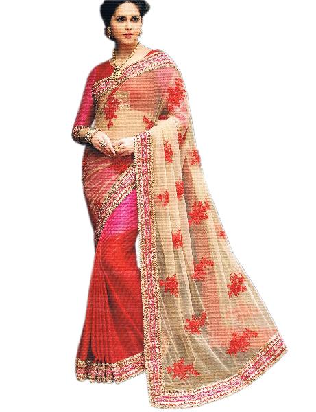Chiffon Shaded Pink Red Pleats With Net Gold Pallu Saree