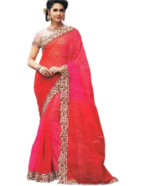 Chiffon Shaded Pink Red Saree With Unstitched Brocade Blouse