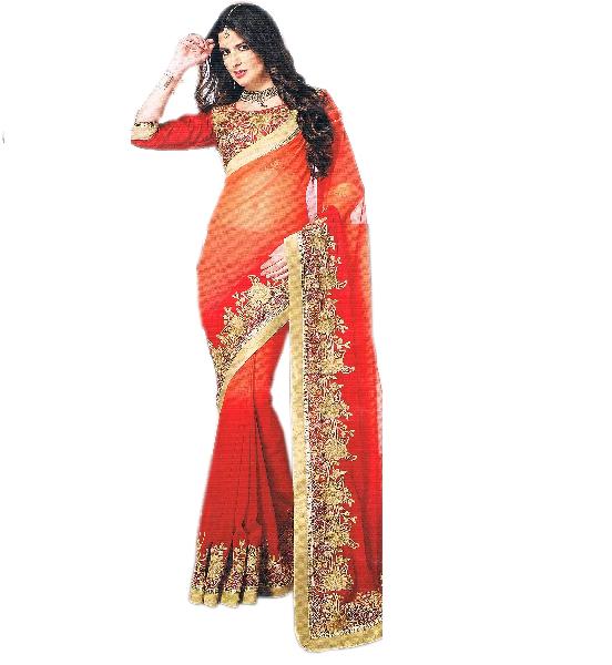 Chiffon Shaded Red Saree With Silk Red Unstitched Blouse