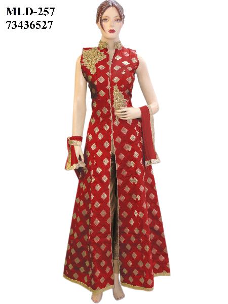 Designer Fancy Silk Red Long Jacket Style Suit With Silk Gold Bottom
