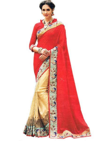 Designer Shimmer Gold Pleats With Chiffon Red Pallu Saree