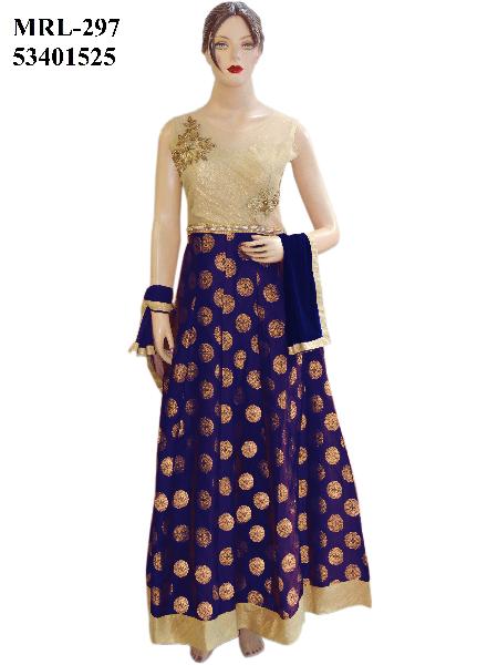Designer Silk Gold Blue Long Length Floor Anarkali Suit