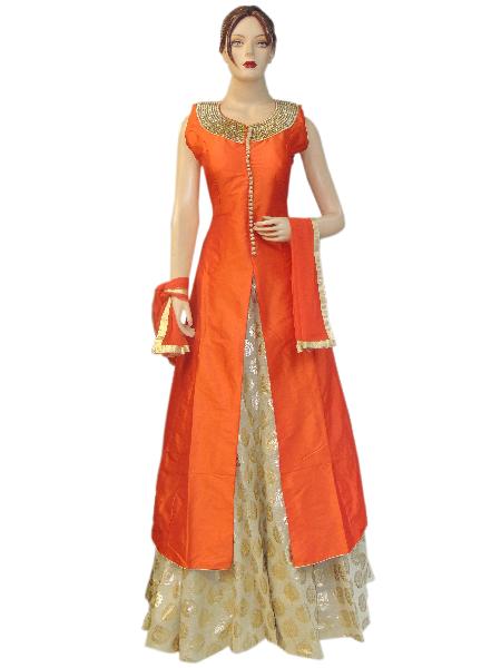 Designer Silk Orange Jacket Style Suit With Jute Gold Lehenga