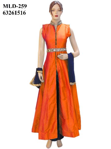 Designer Silk Orange Long Jacket Style Suit With Silk Navy Blue Pant