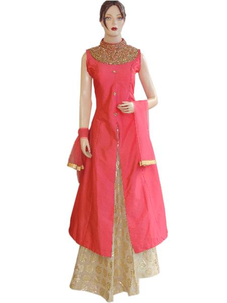 Designer Silk Pink Long Jacket Style Suit With Jute Gold Lehenga