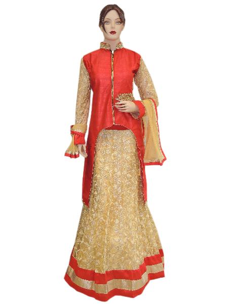 Designer Silk Red Long Choli With Net Gold Lehenga