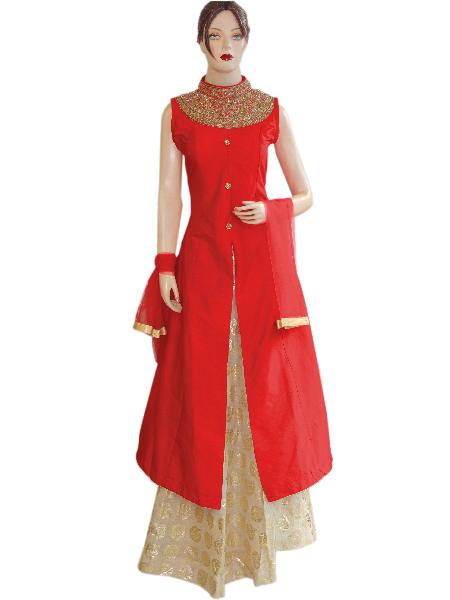Designer Silk Red Long Jacket Style Suit With Jute Gold Lehenga