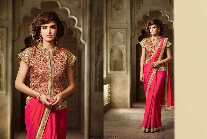 Dupian Silk Shaded Pink Saree With Silk Gold Unstitched Blouse