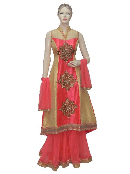 Ethnic Dupian Pink Gold Long Choli With Palazzo