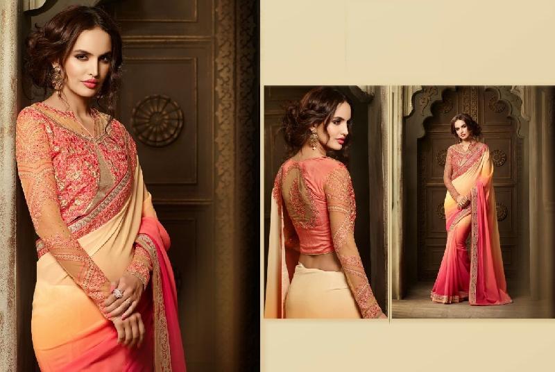 Ethnic Georgette Shaded Red With Cream Saree